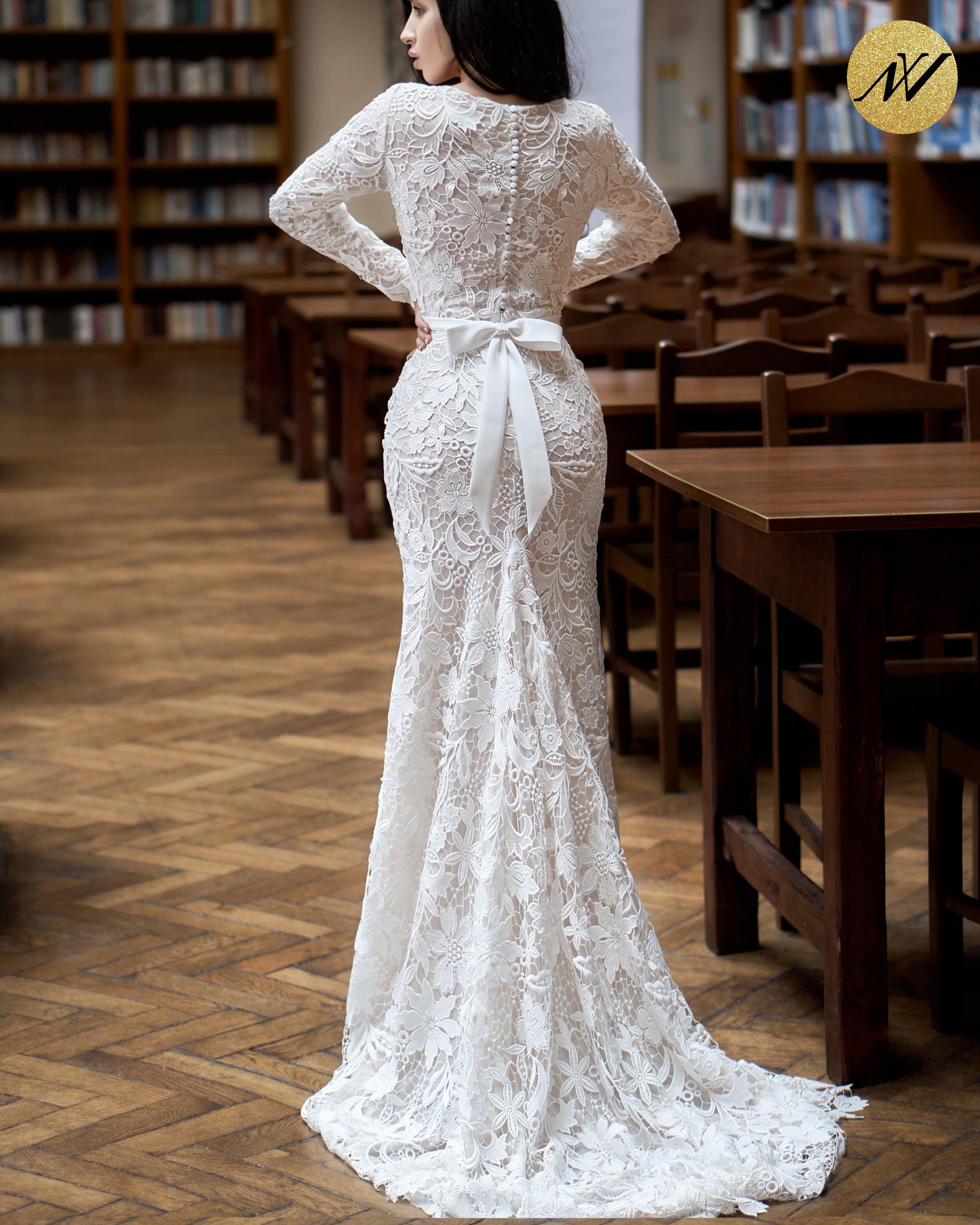 FLORA All-over lace gown with satin belt and bow