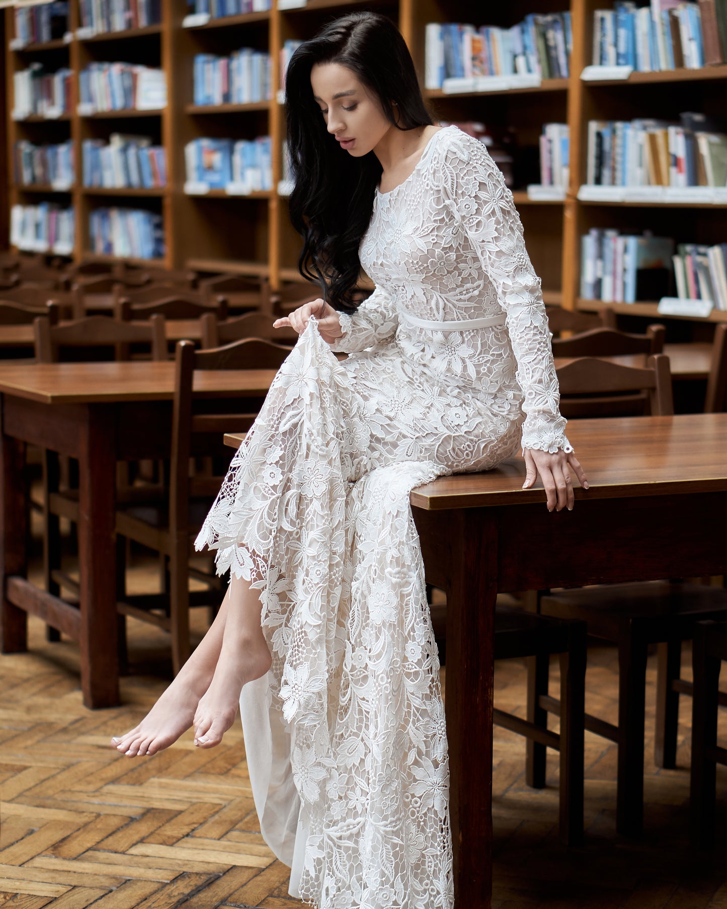FLORA All-over lace gown with satin belt and bow