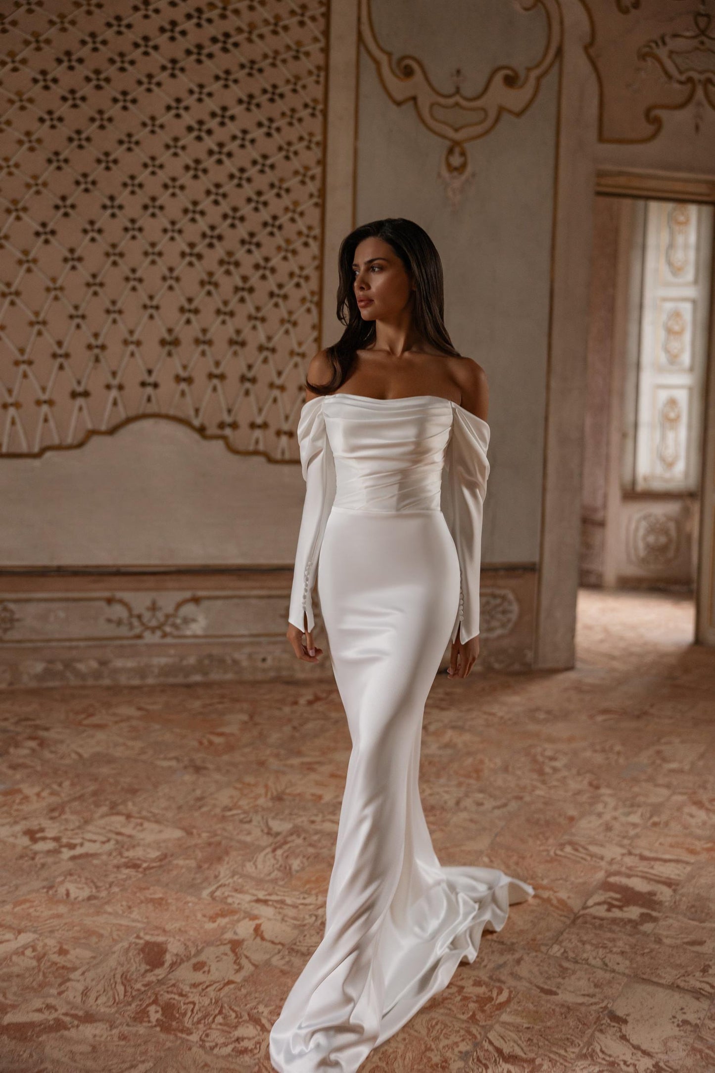 KAMILLA Soft satin long sleeve gown. Bardot neckline