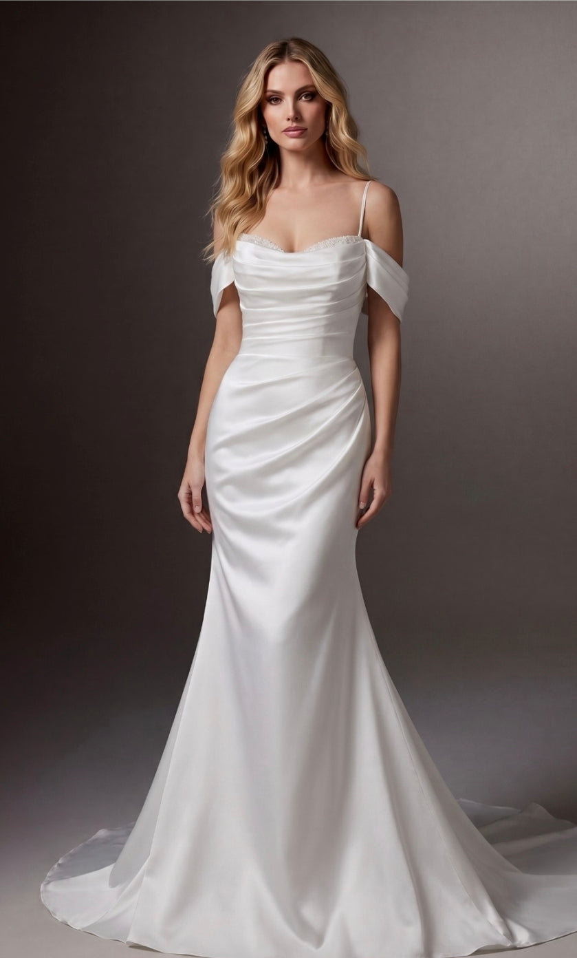 #CARRIE Arriving soon. Ruched satin bodice & skirt. Beaded necklineRuched satin bodice & skirt. Beaded neckline