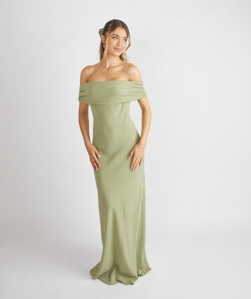 Bardot neckline crepe bridesmaid