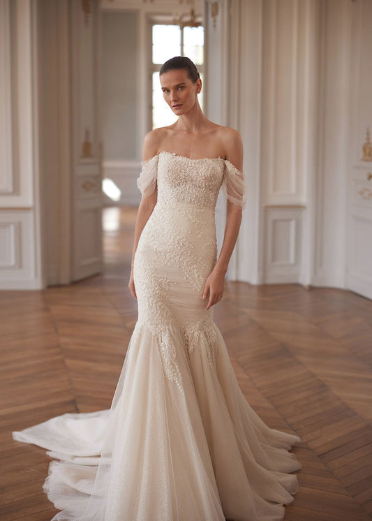 ALONI Ruched tulle with lace detail on a fishtail skirt - Reflections Bridal Studio