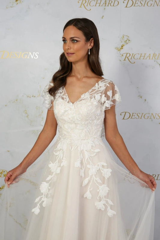 Amara Boho style cap sleeve floral lace - Reflections Bridal Studio