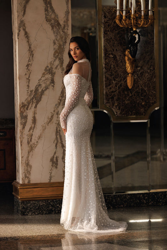 AZIEL Long sleeve off - the - shoulder mermaid gown - Reflections Bridal Studio