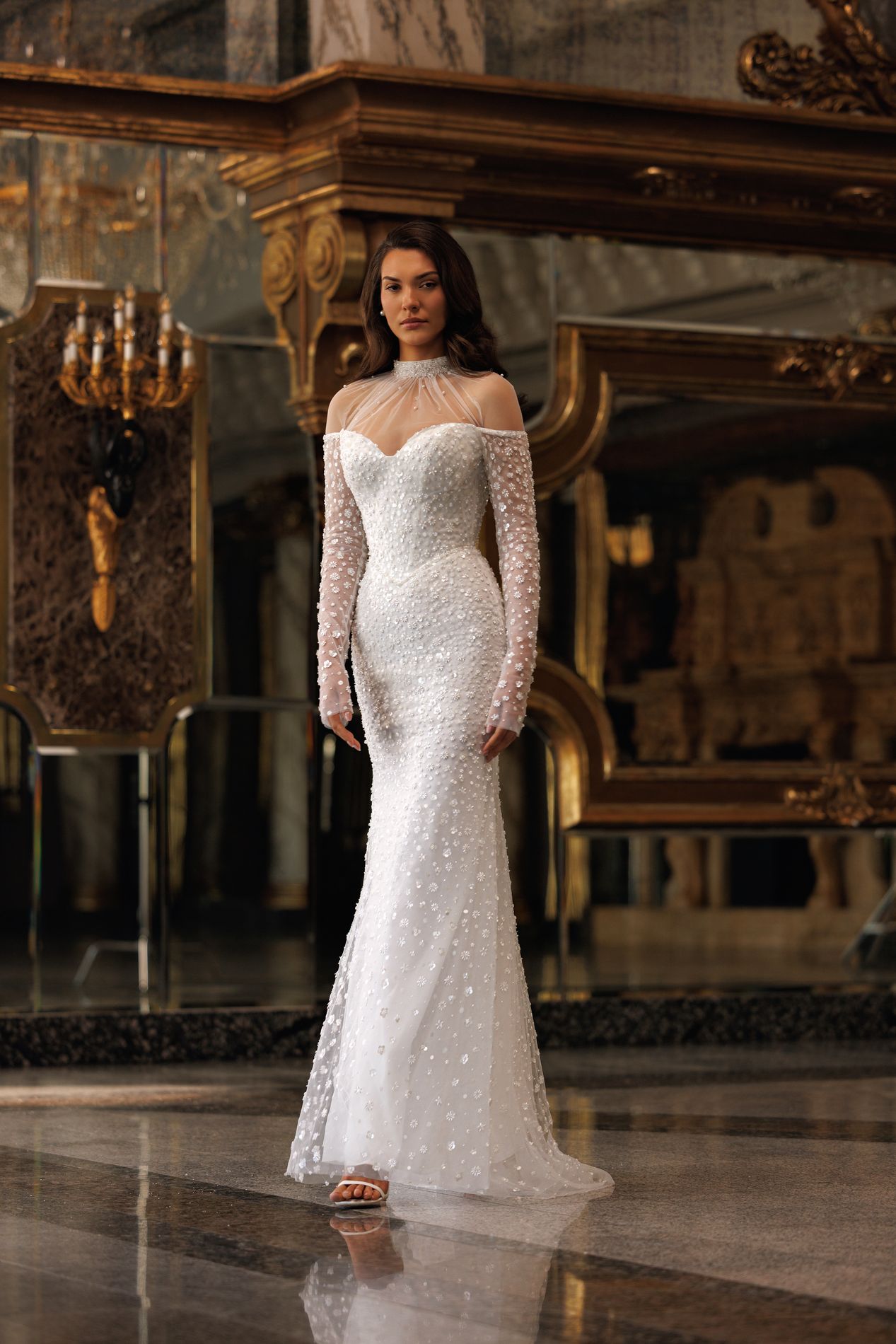 AZIEL Long sleeve off - the - shoulder mermaid gown - Reflections Bridal Studio