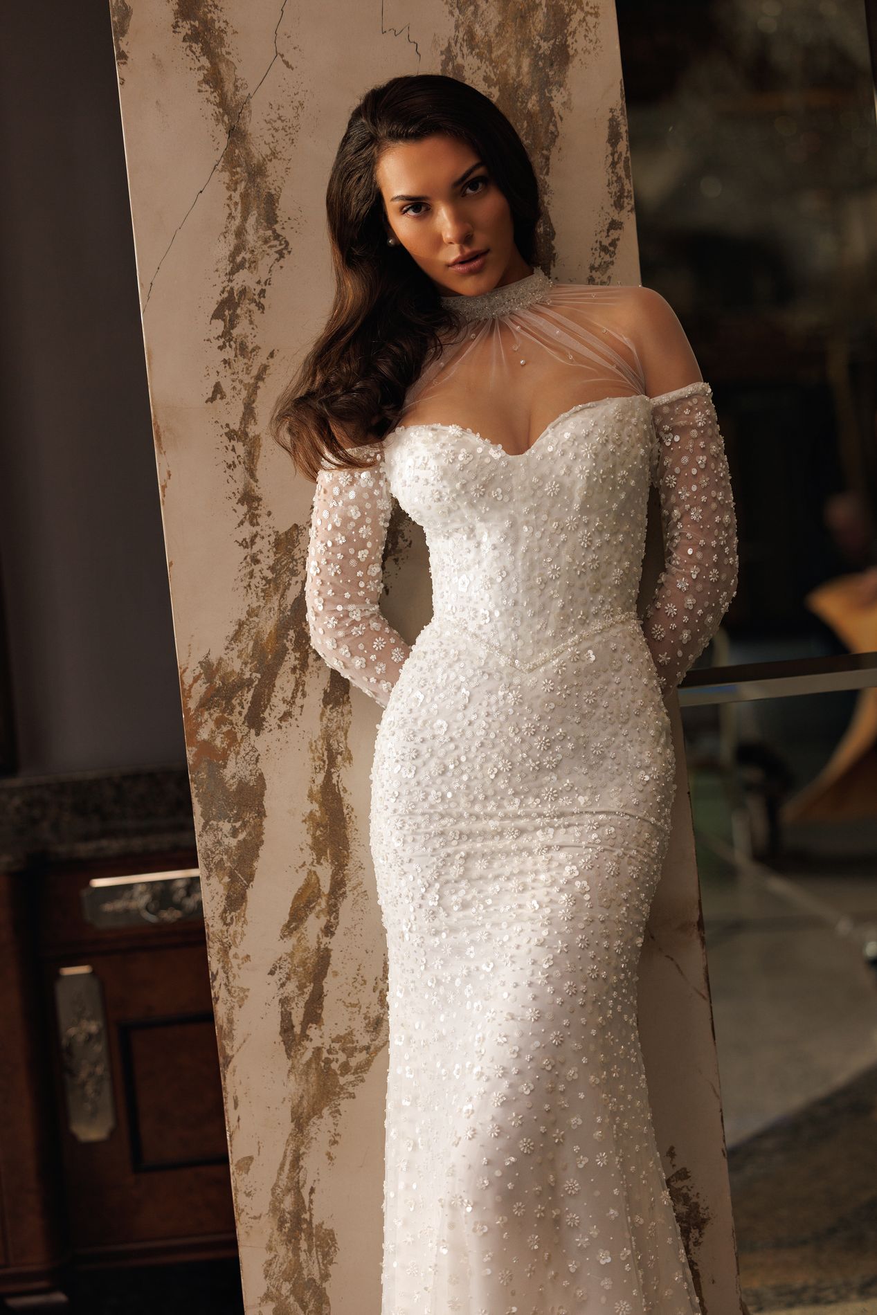 AZIEL Long sleeve off - the - shoulder mermaid gown - Reflections Bridal Studio