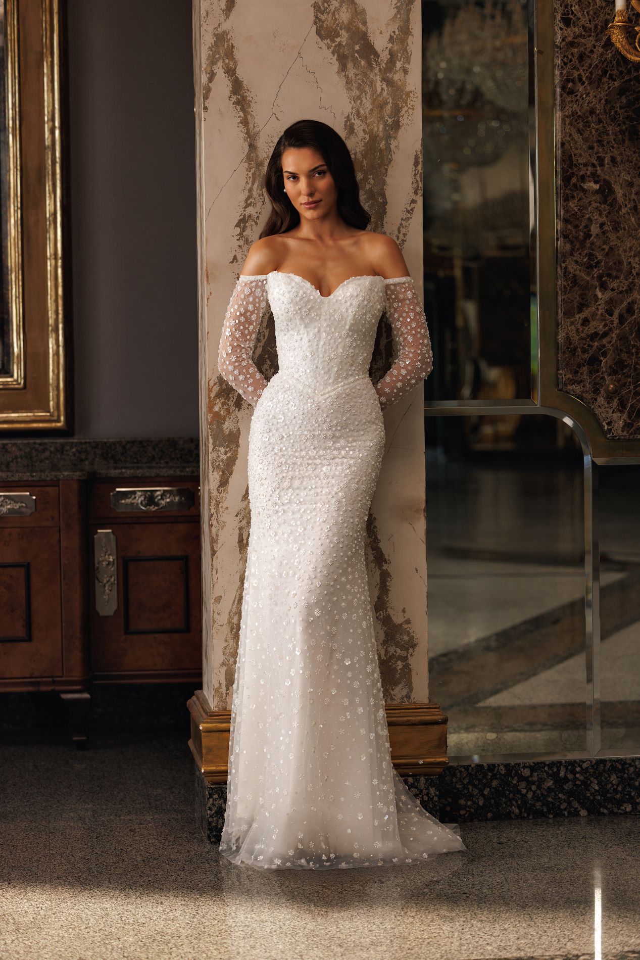 AZIEL Long sleeve off - the - shoulder mermaid gown - Reflections Bridal Studio