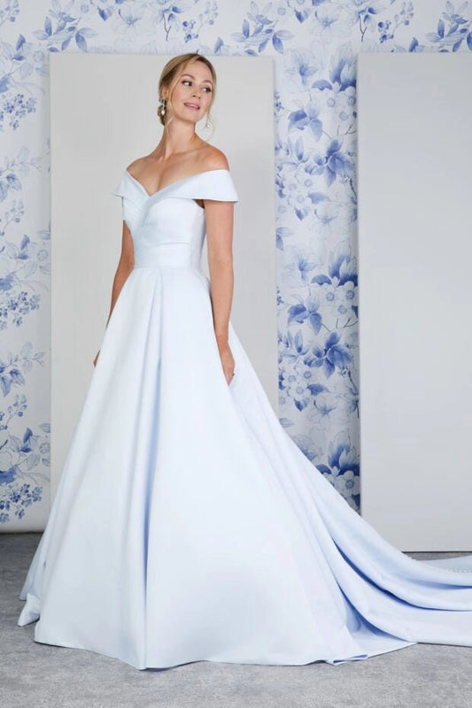 AZURA satin bardot box pleats Ivory, Red, Black, Pink & Blue - Reflections Bridal Studio