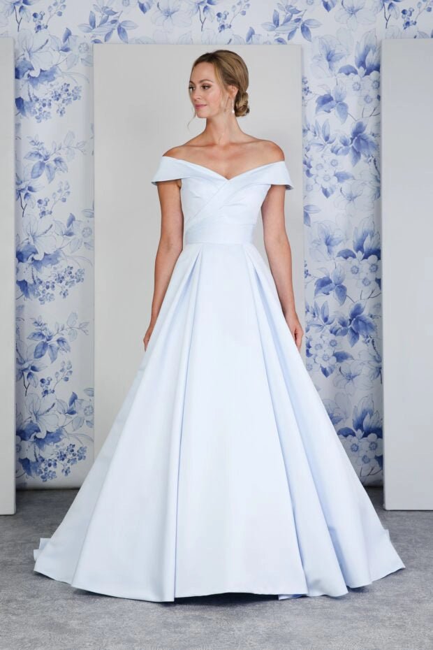 AZURA satin bardot box pleats Ivory, Red, Black, Pink & Blue - Reflections Bridal Studio