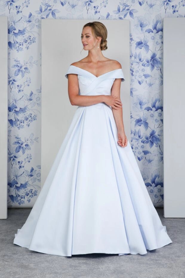 AZURA satin bardot box pleats Ivory, Red, Black, Pink & Blue - Reflections Bridal Studio