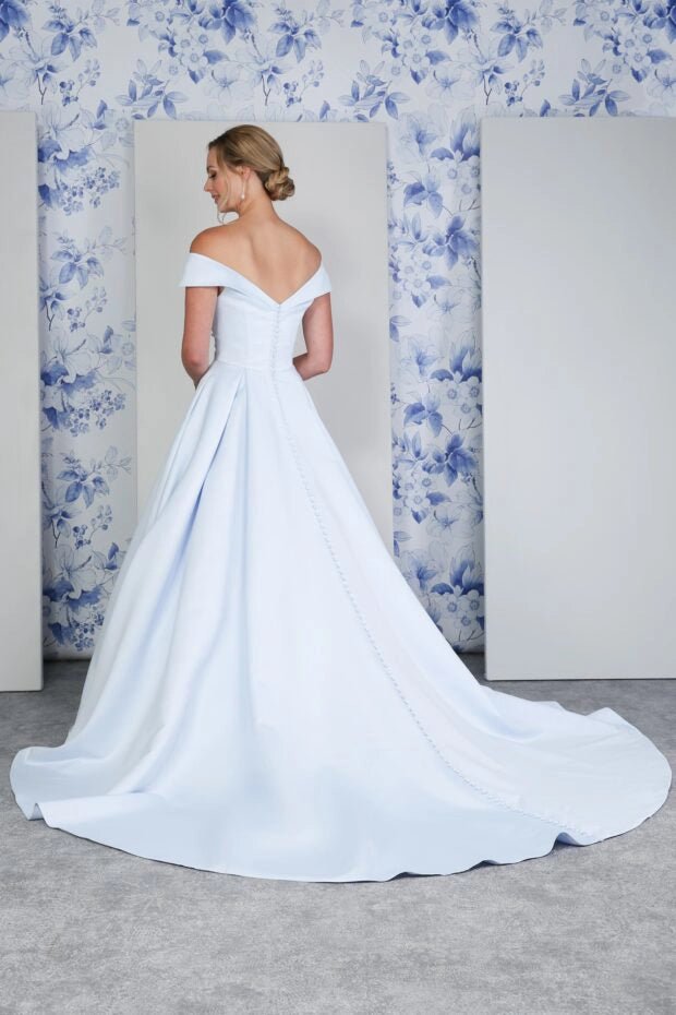AZURA satin bardot box pleats Ivory, Red, Black, Pink & Blue - Reflections Bridal Studio