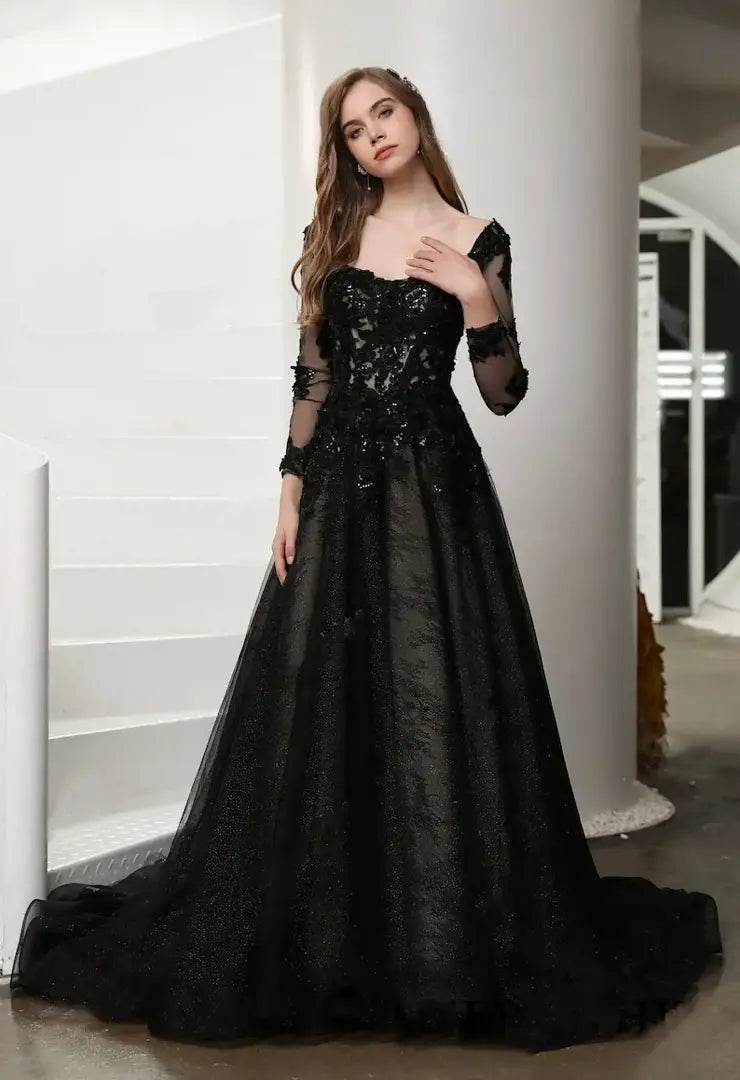 Elizabeth Black lace wedding dress with detachable long sleeves