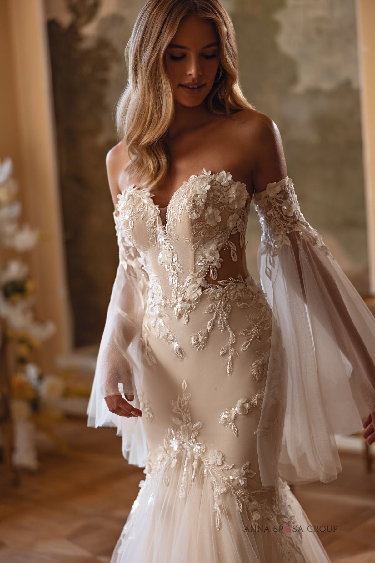 BRONTE Fitted gown with floral appliques - Reflections Bridal Studio