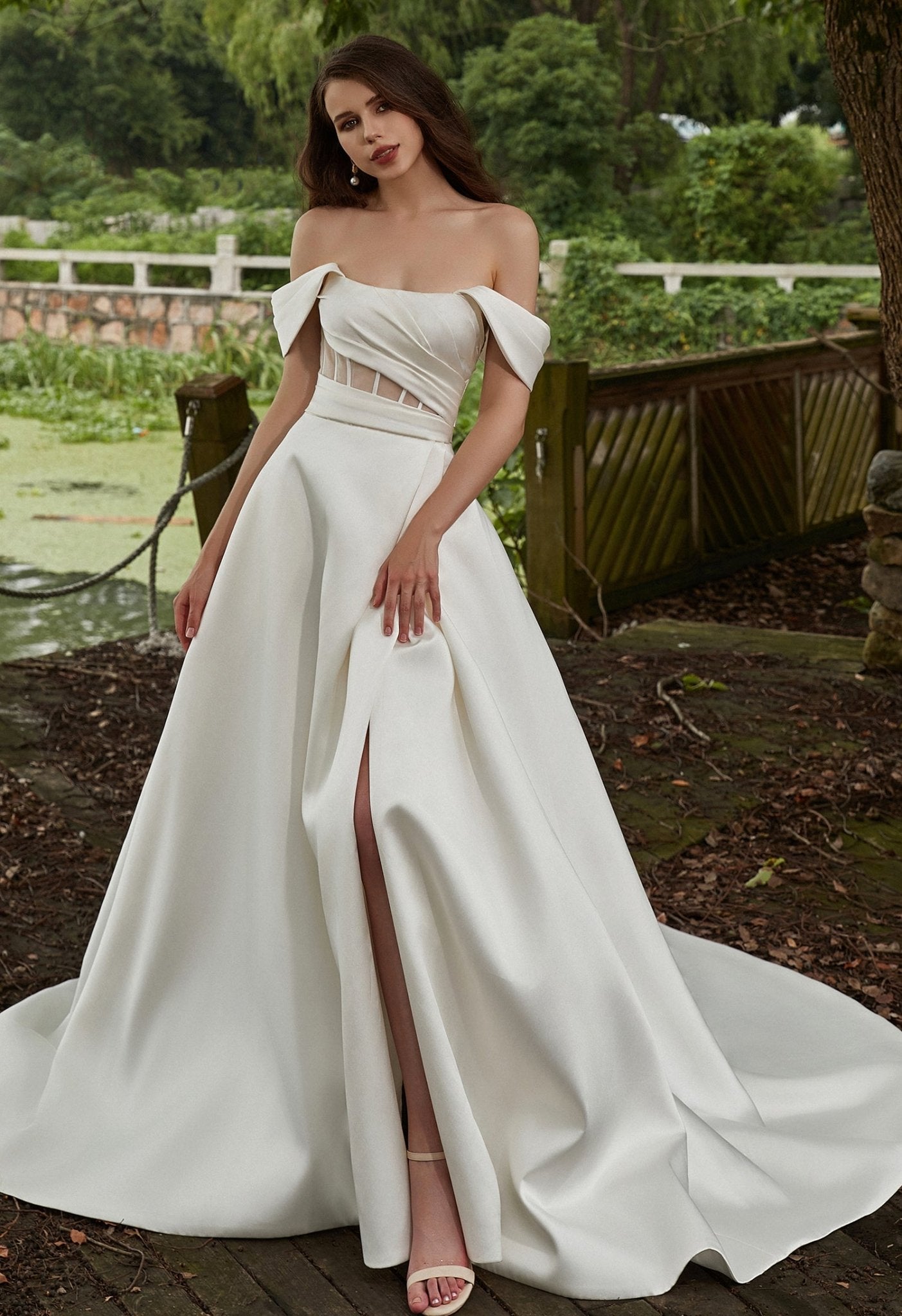 CELINE Satin A - line gown with illusion and pleated bodice - Reflections Bridal Studio