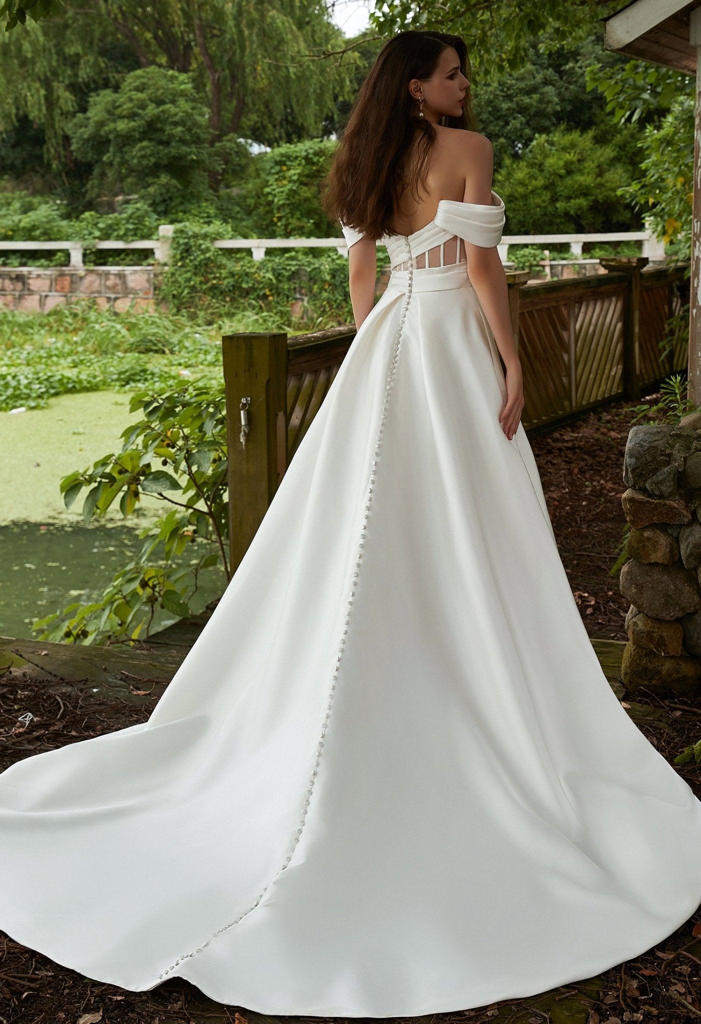 CELINE Satin A - line gown with illusion and pleated bodice - Reflections Bridal Studio