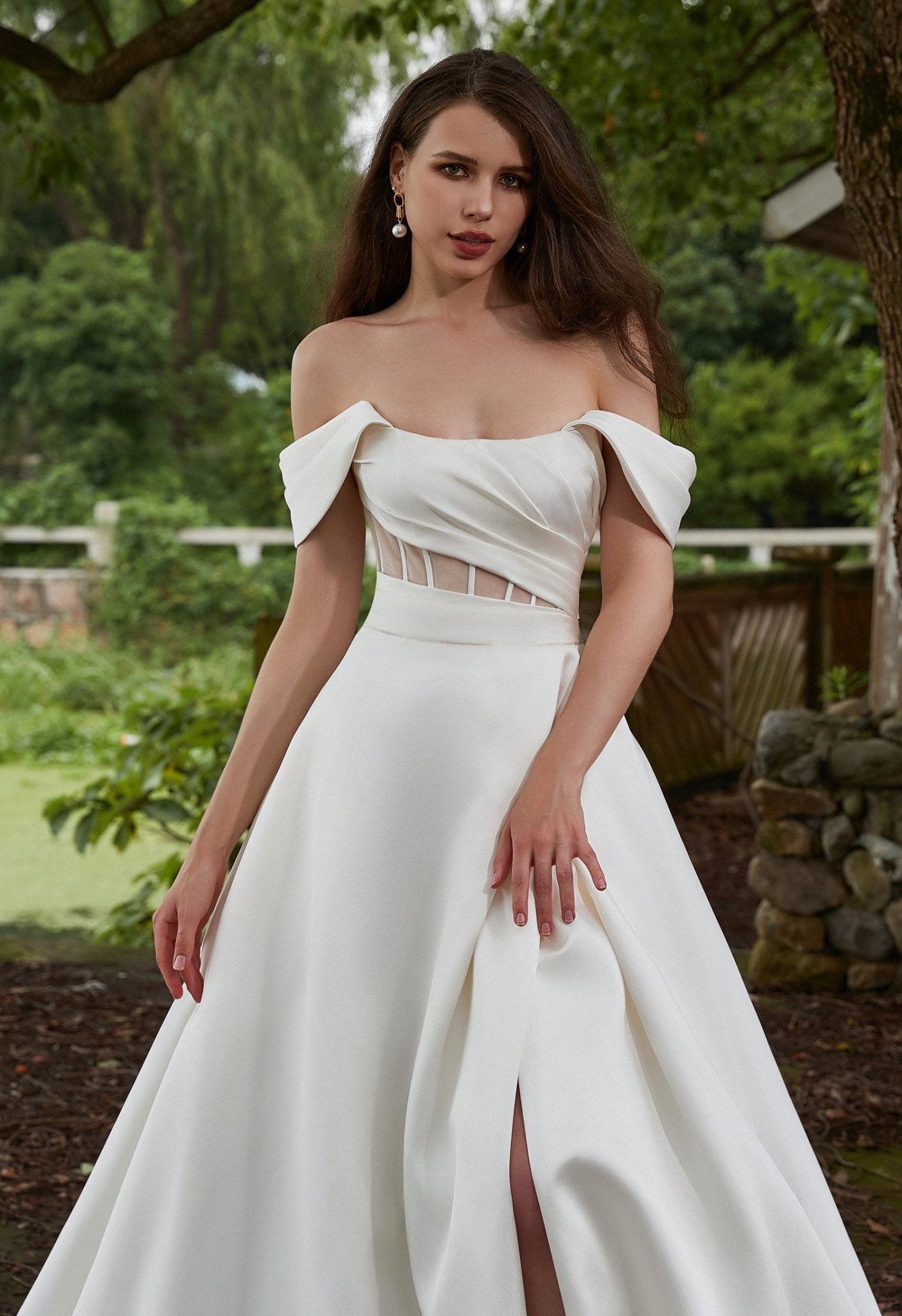 CELINE Satin A - line gown with illusion and pleated bodice - Reflections Bridal Studio