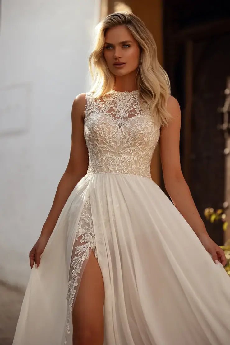 CREMA A sleeveless A - line chiffon & lace gown - Reflections Bridal Studio