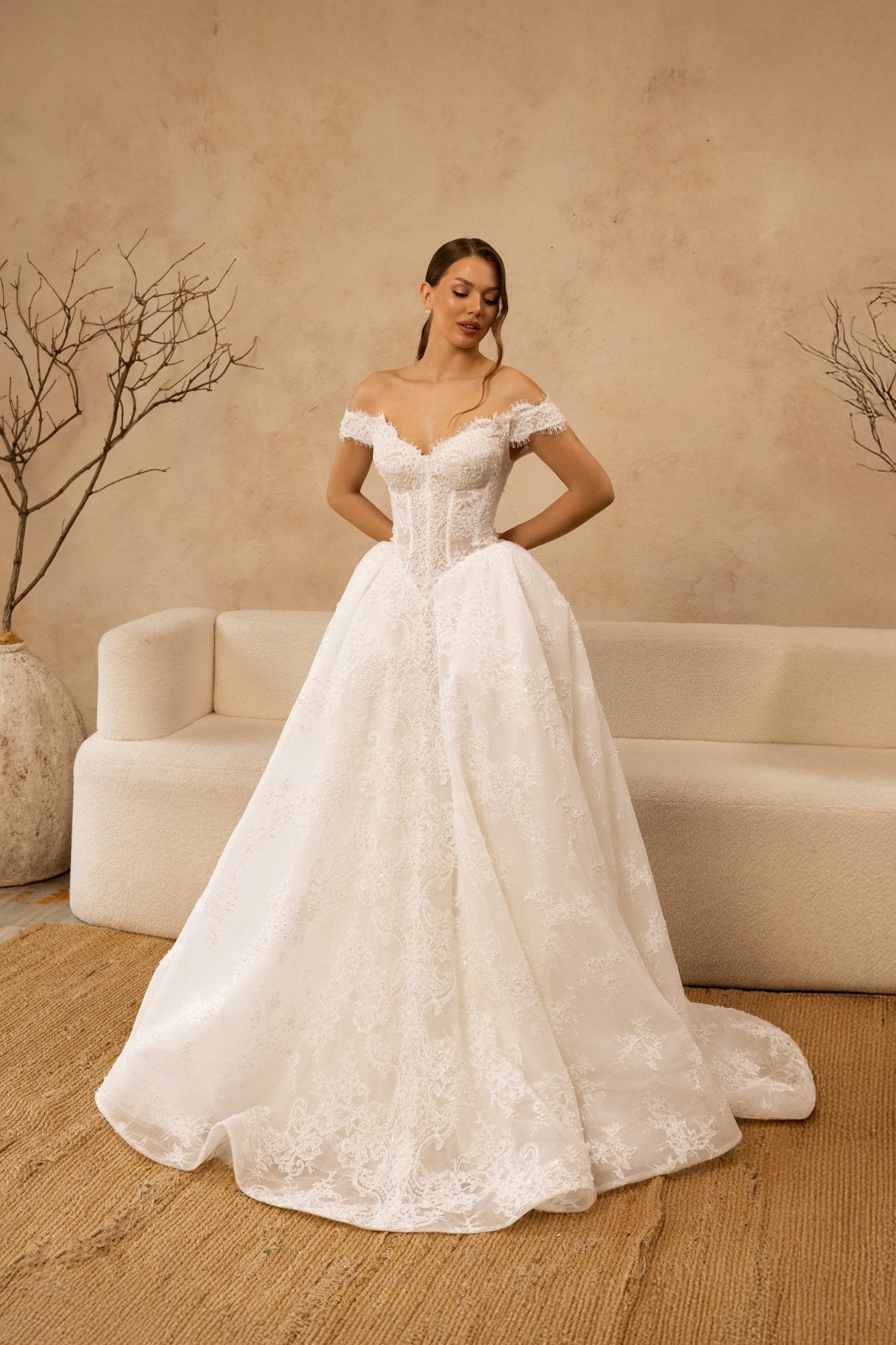 DIANE Full lace ballgown with basque bodice. Detachable sleeves - Reflections Bridal Studio