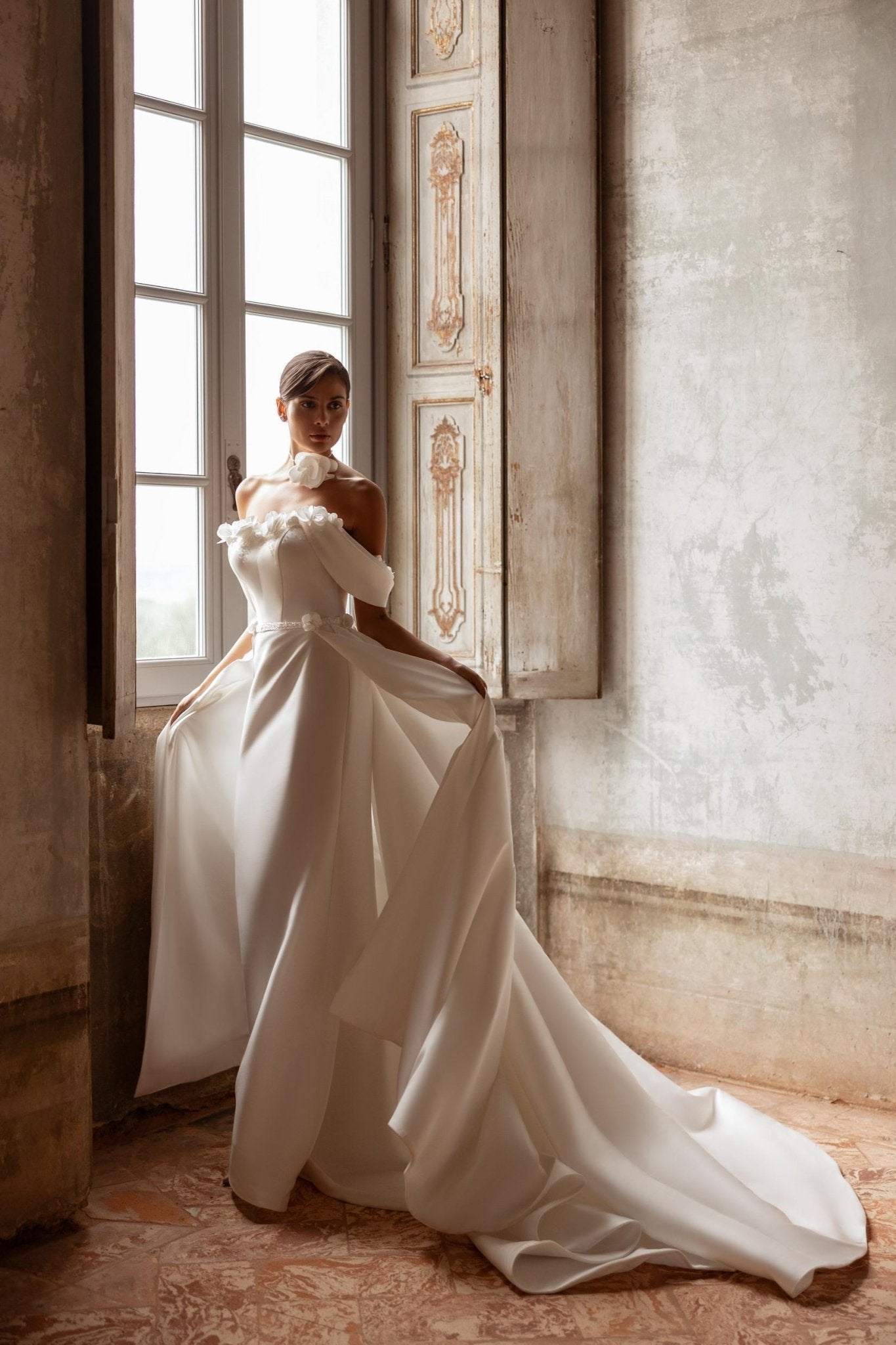 ELEGANT A - line gown with detachable train - Reflections Bridal Studio