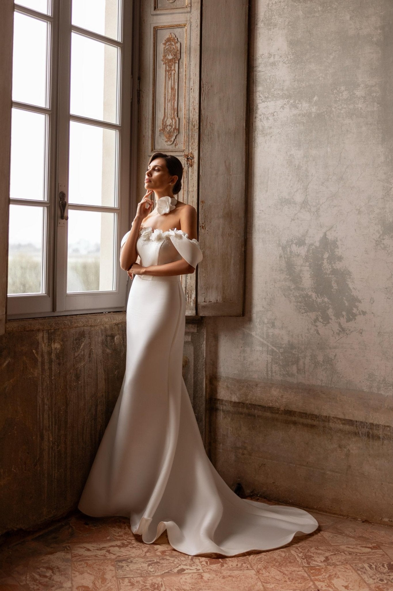 ELEGANT A - line gown with detachable train - Reflections Bridal Studio