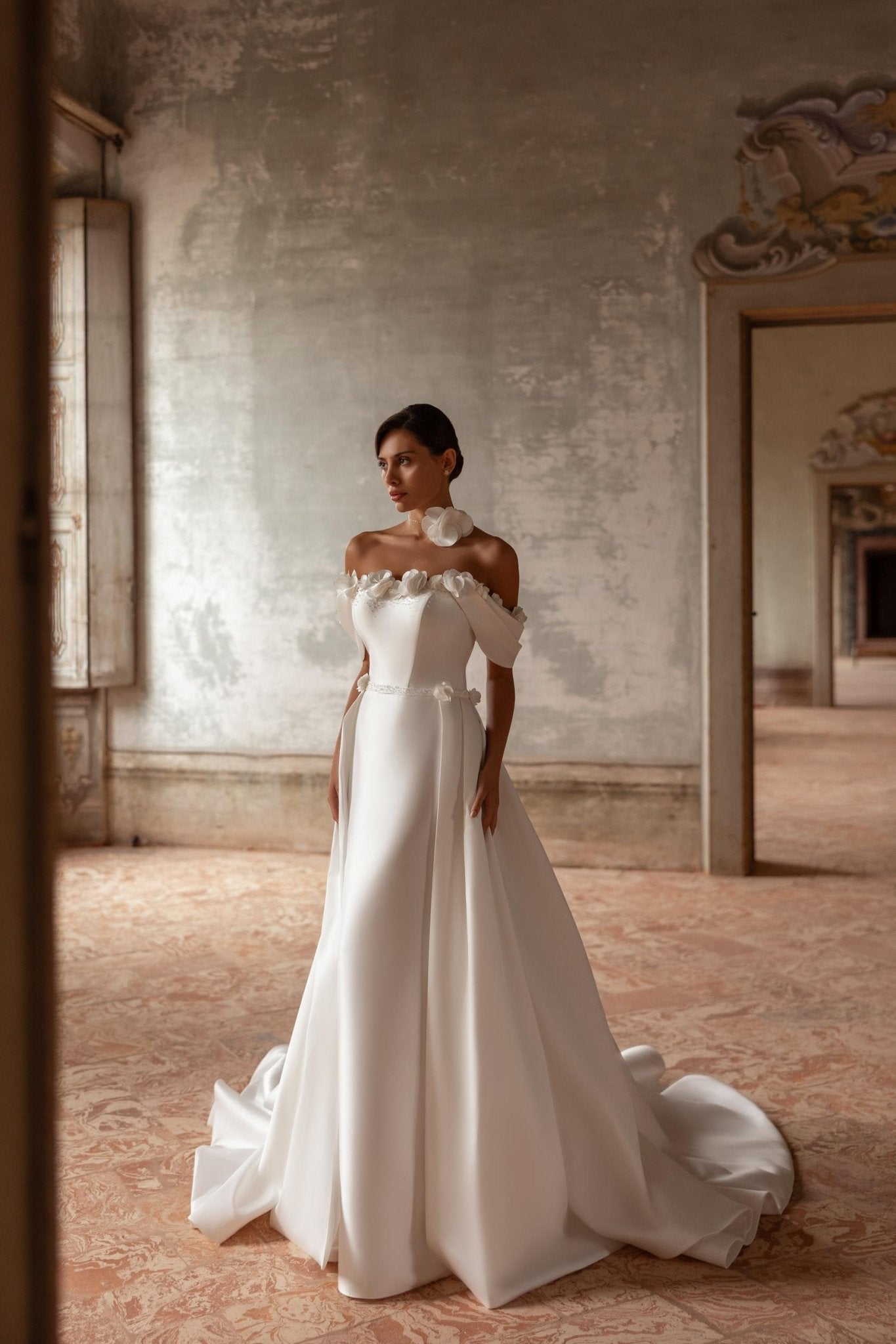 ELEGANT A - line gown with detachable train - Reflections Bridal Studio