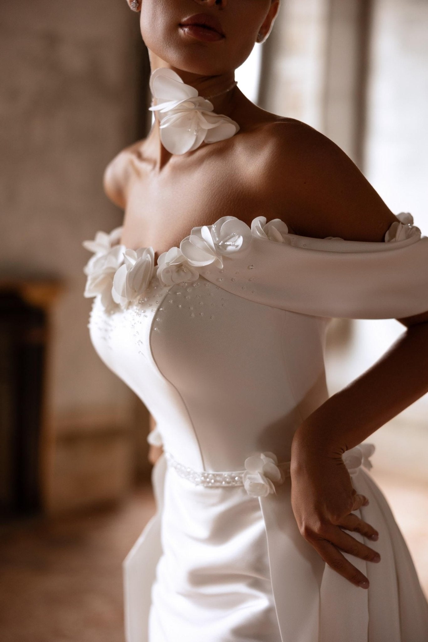 ELEGANT A - line gown with detachable train - Reflections Bridal Studio