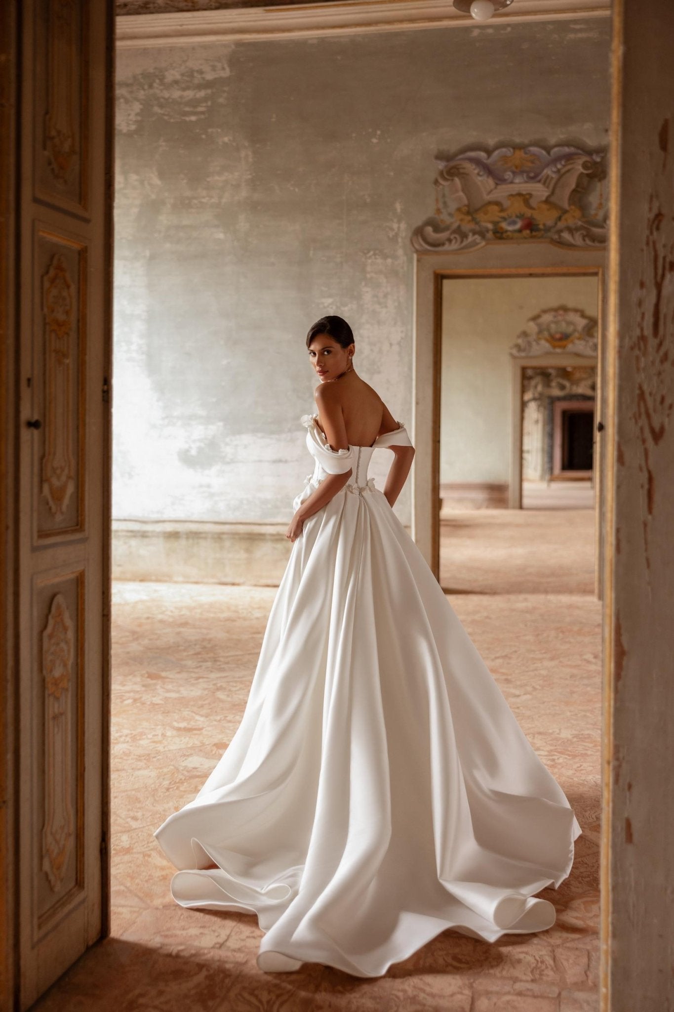 ELEGANT A - line gown with detachable train - Reflections Bridal Studio