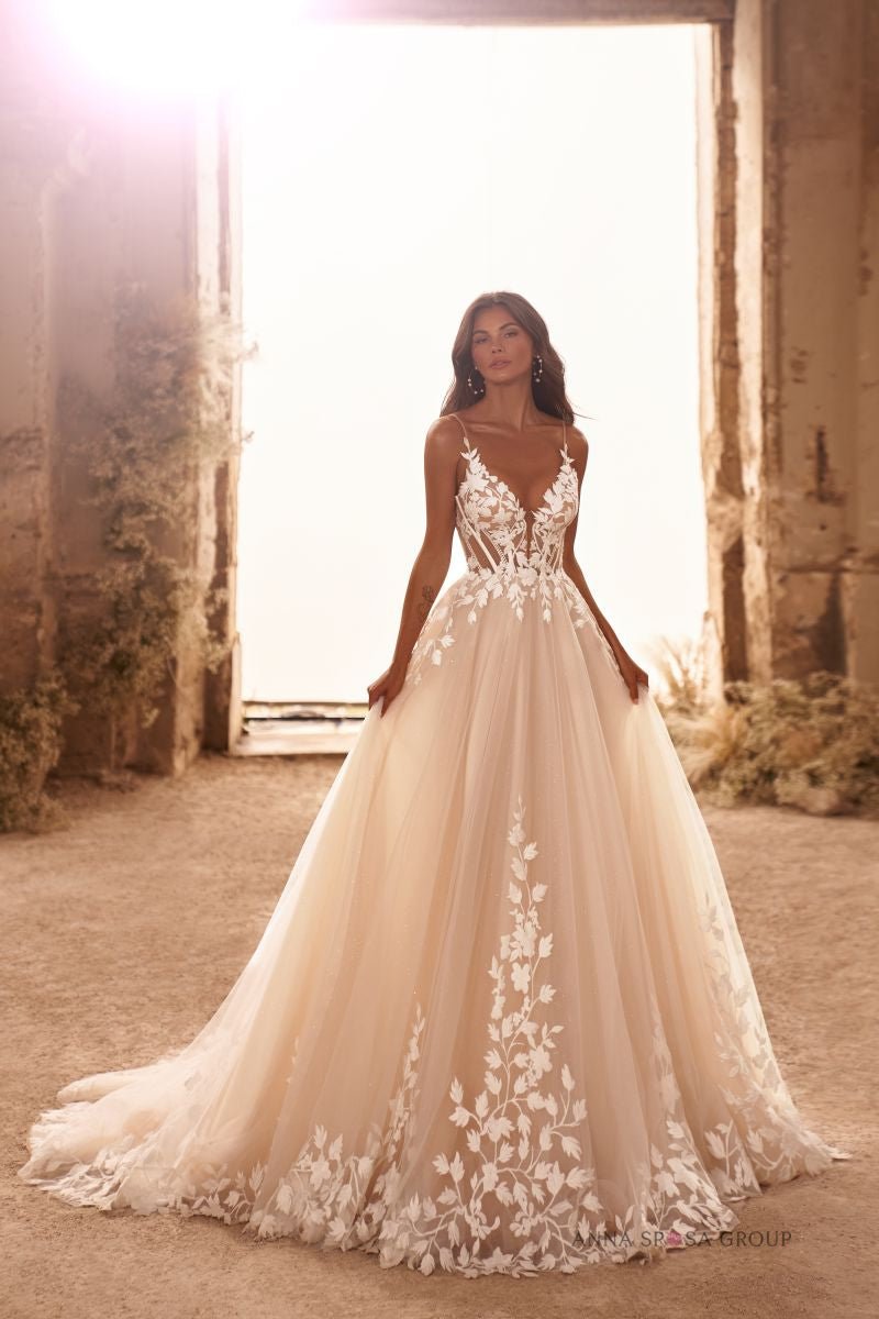 EMIL By Anna Sposa matt lace Deep V neckline and low back - Reflections Bridal Studio