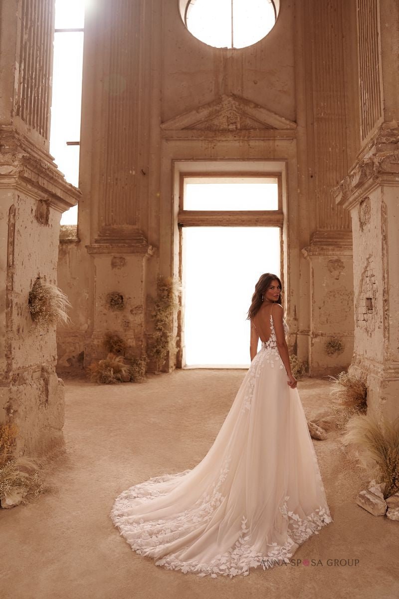 EMIL By Anna Sposa matt lace Deep V neckline and low back - Reflections Bridal Studio