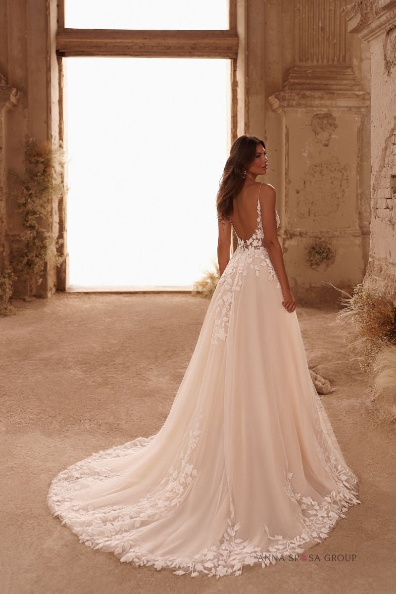 EMIL By Anna Sposa matt lace Deep V neckline and low back - Reflections Bridal Studio