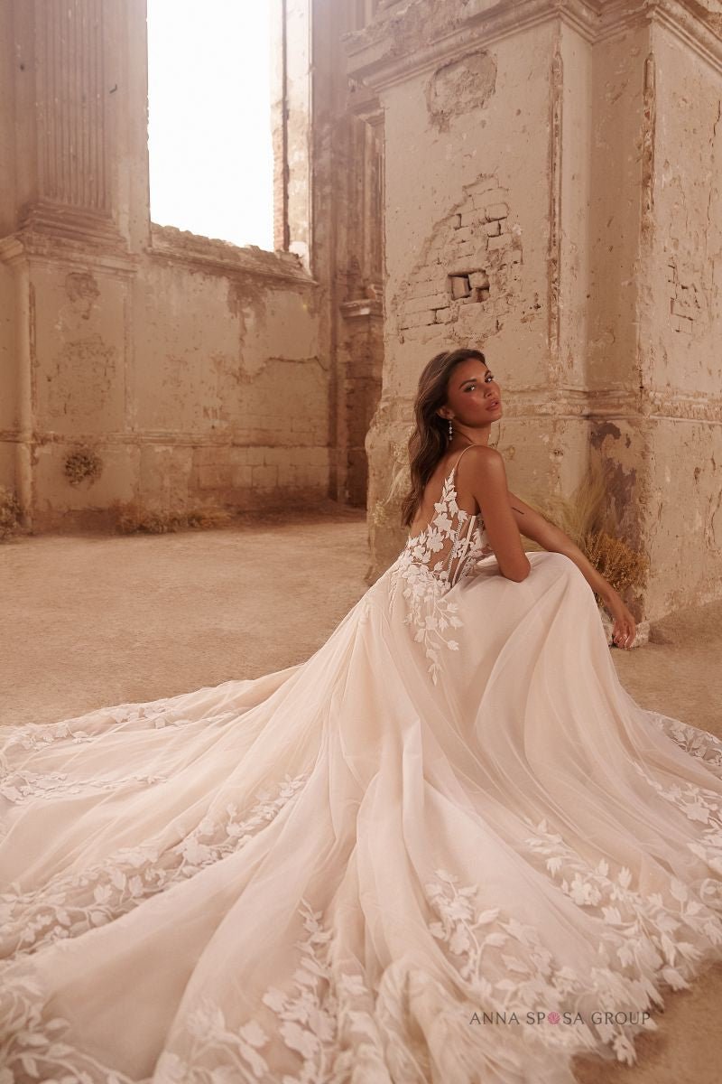 EMIL By Anna Sposa matt lace Deep V neckline and low back - Reflections Bridal Studio