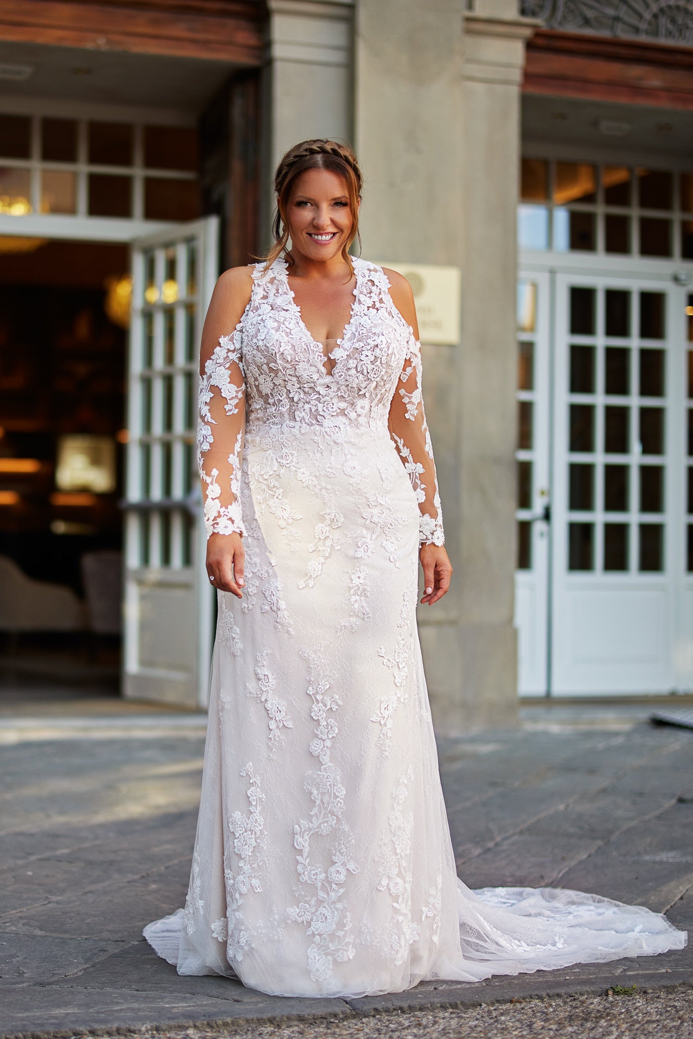 EMILY long sleeve fit and flare. Illusion back - Reflections Bridal Studio