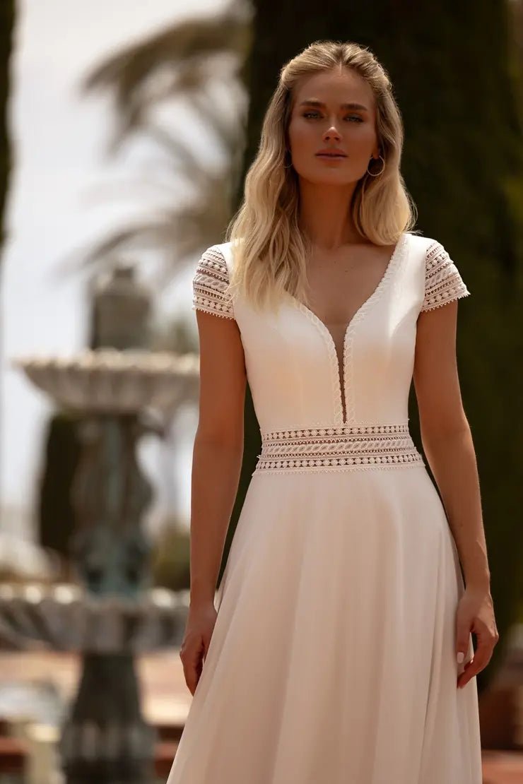 ESPERIA crepe & lace Boho style. Cap sleeve - Reflections Bridal Studio
