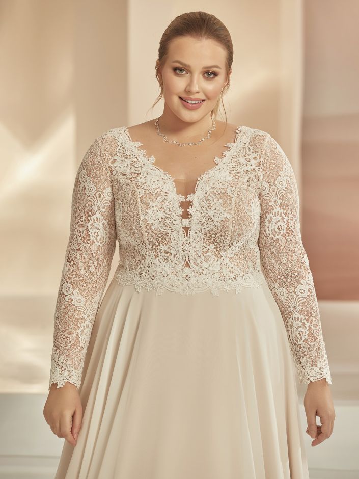 FAMOSA Artiving soon. A - line chiffon on a long sleeve lace bodice - Reflections Bridal Studio