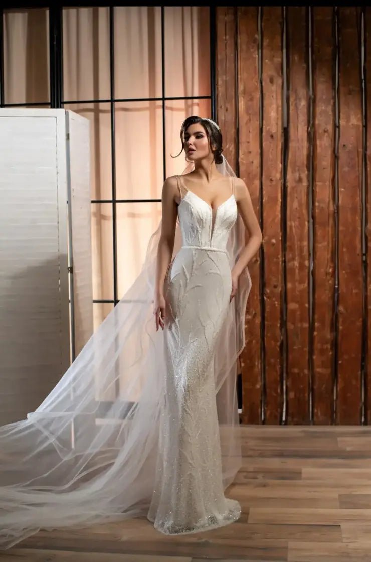 GILDA All over beaded fit and flare gown with spaghetti straps - Reflections Bridal Studio