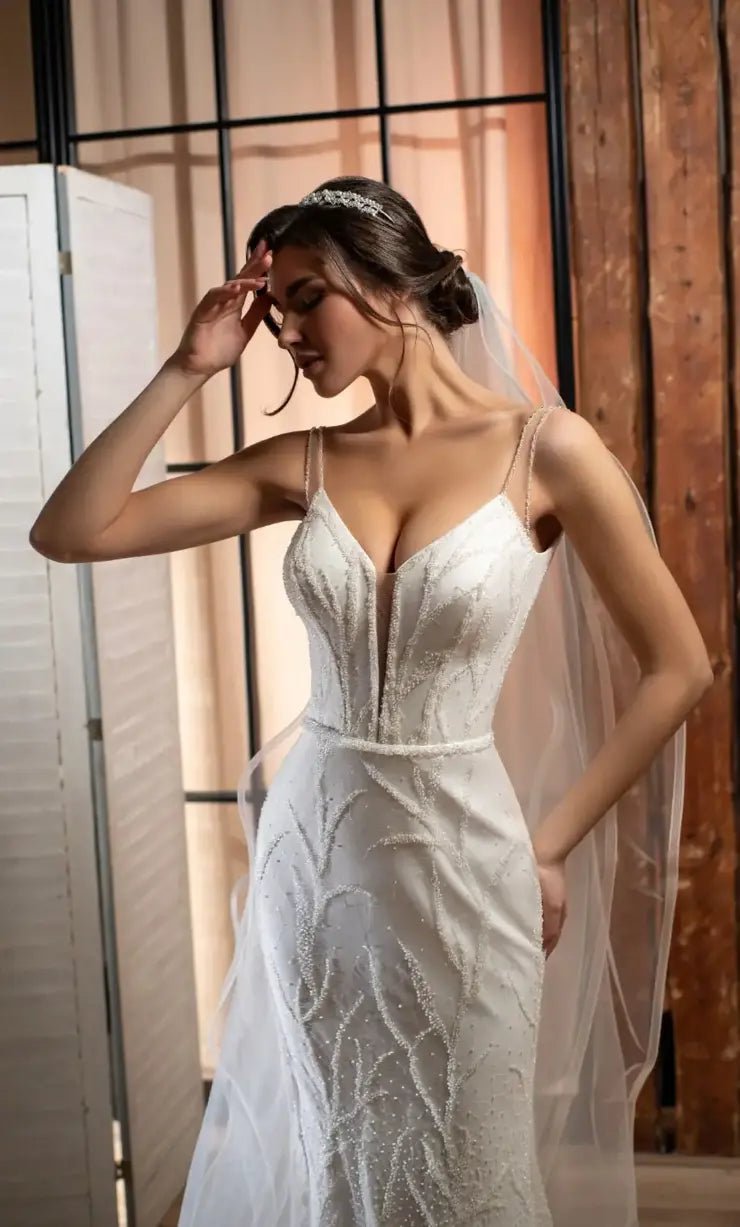 GILDA All over beaded fit and flare gown with spaghetti straps - Reflections Bridal Studio