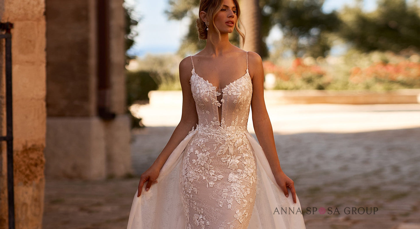 GISELE Floral matte lace on this fitted design - Reflections Bridal Studio