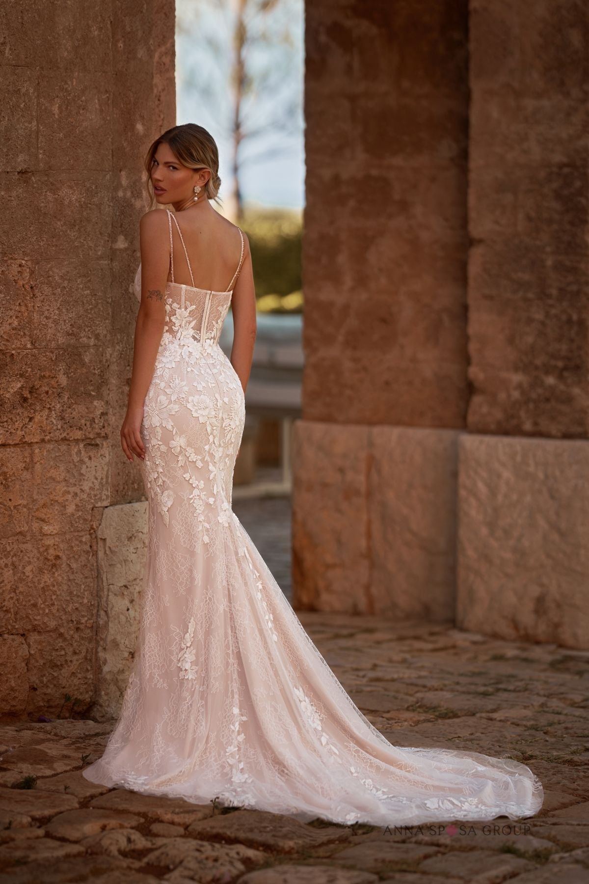 GISELE Floral matte lace on this fitted design - Reflections Bridal Studio