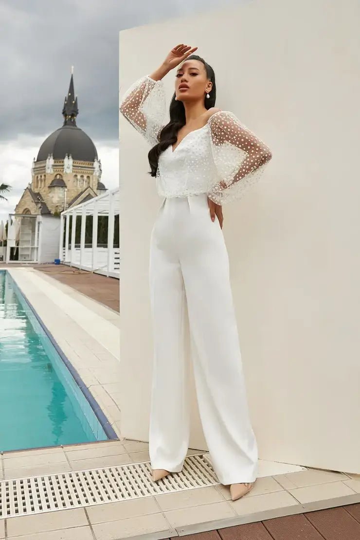 Helena Jumpsuit with glitter polka dot overlay on bodice - Reflections Bridal Studio
