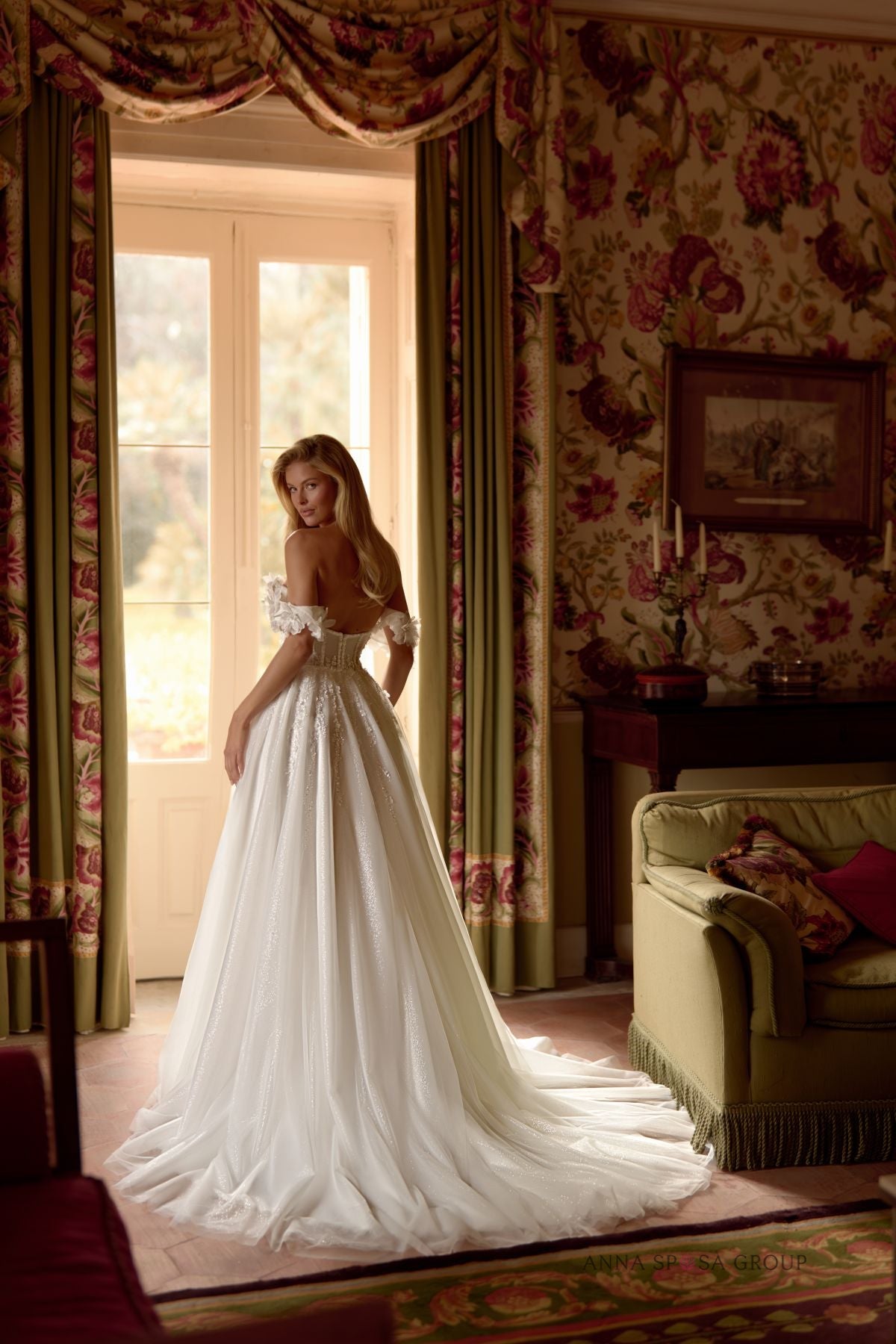 HIMENTA Beaded A - line gown with off - the - shoulder straps - Reflections Bridal Studio