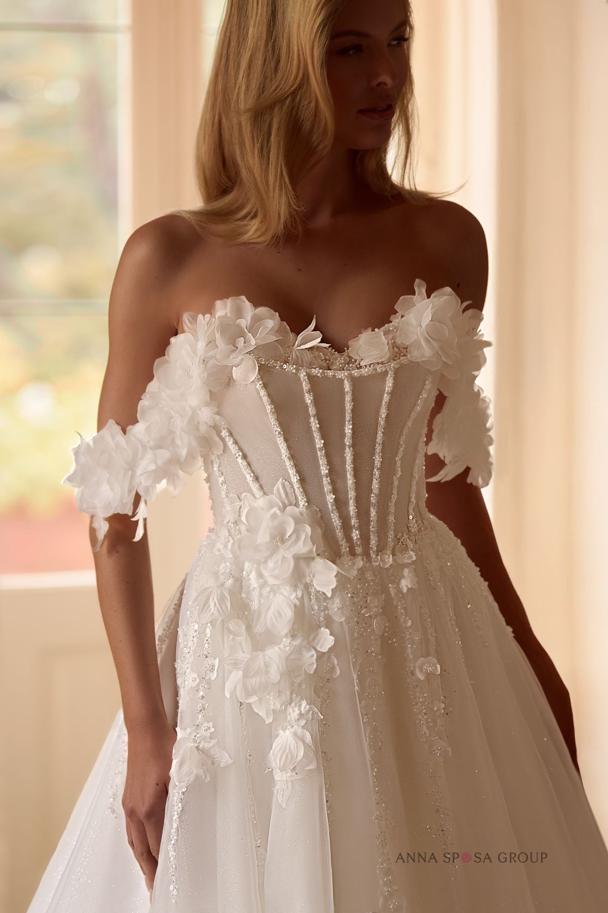 HIMENTA Beaded A - line gown with off - the - shoulder straps - Reflections Bridal Studio