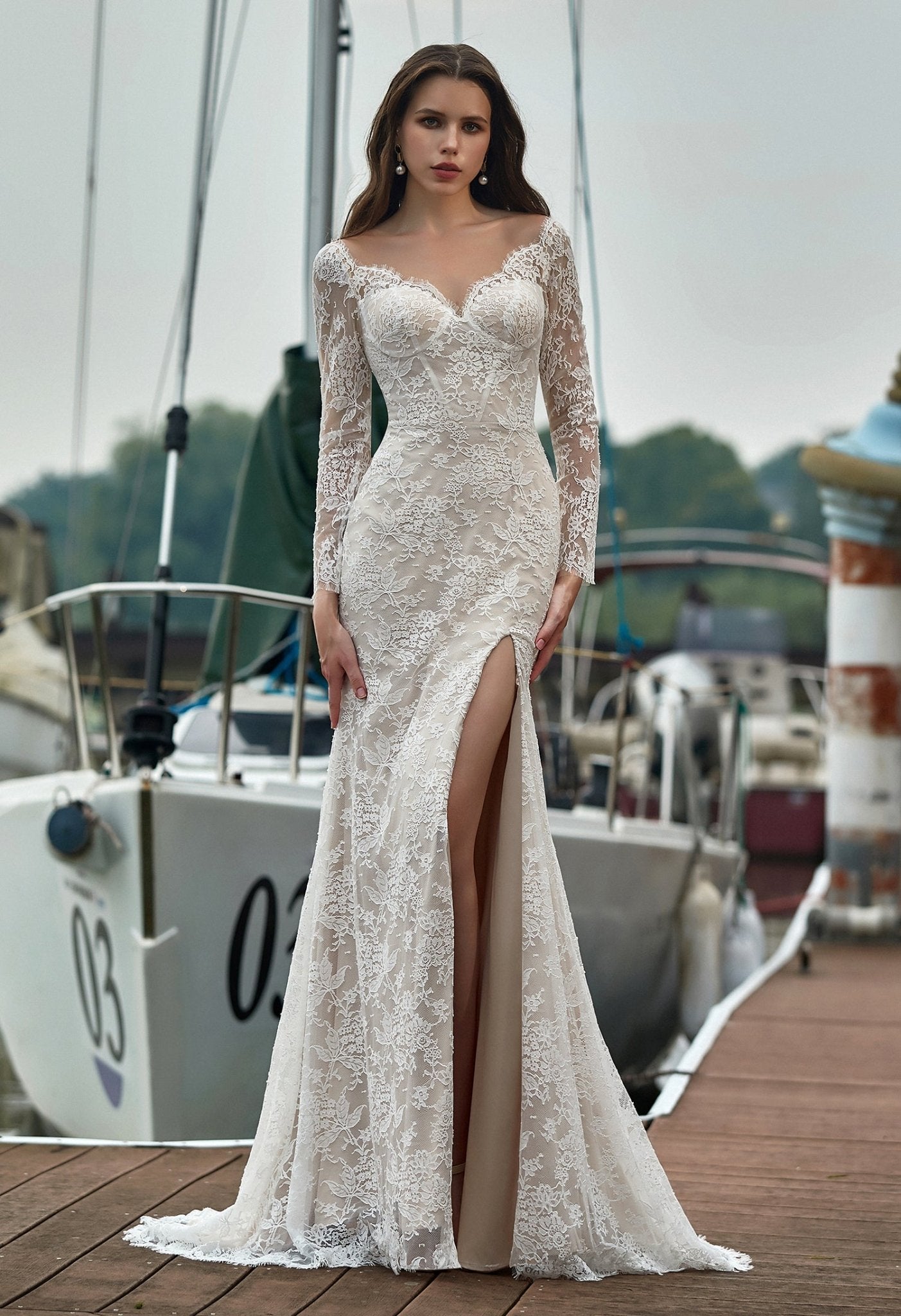 INGHA Full lace gown with long sleeves and front skirt slit