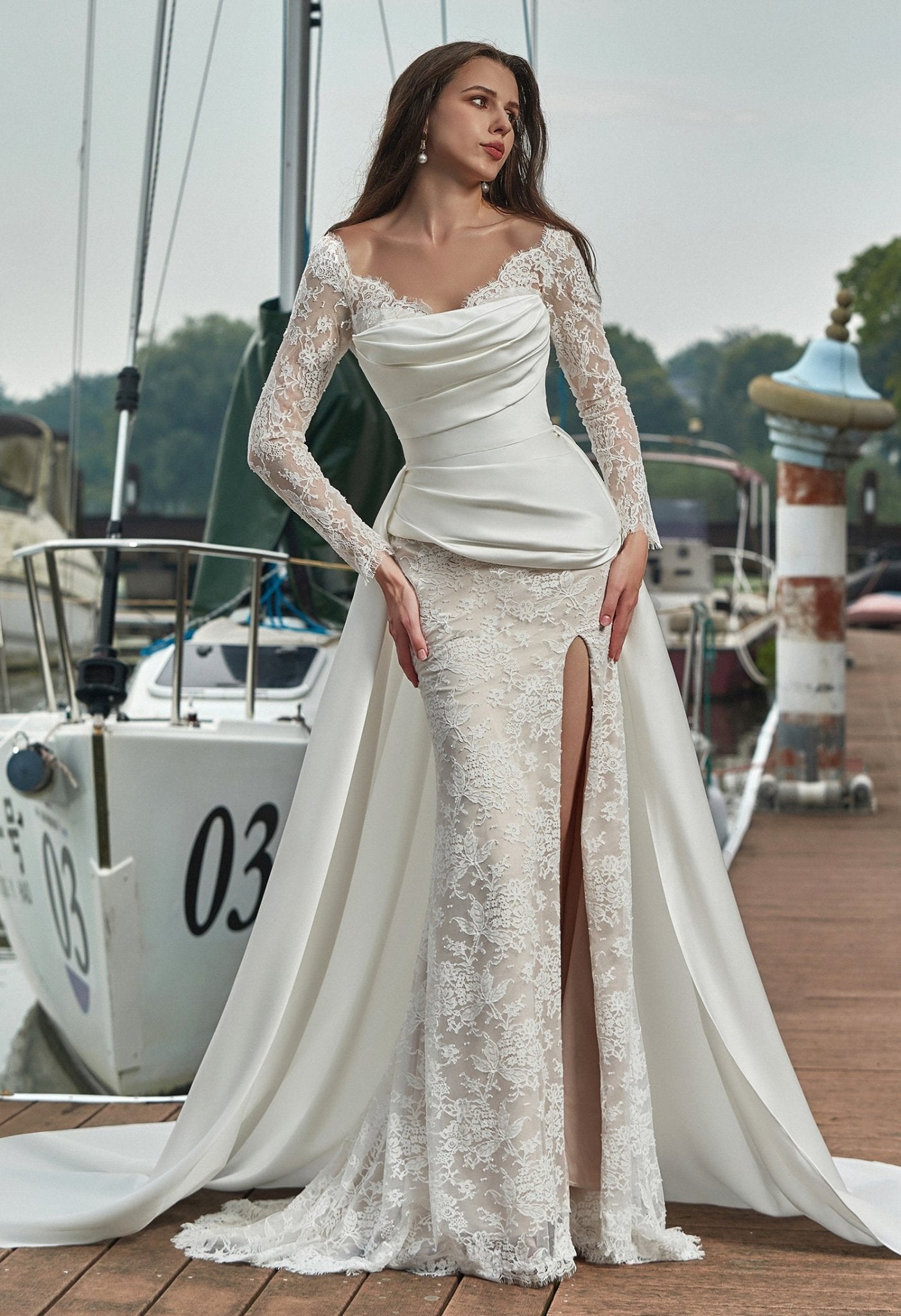 INGRID Lace gown with satin overlay bodice and train - Reflections Bridal Studio