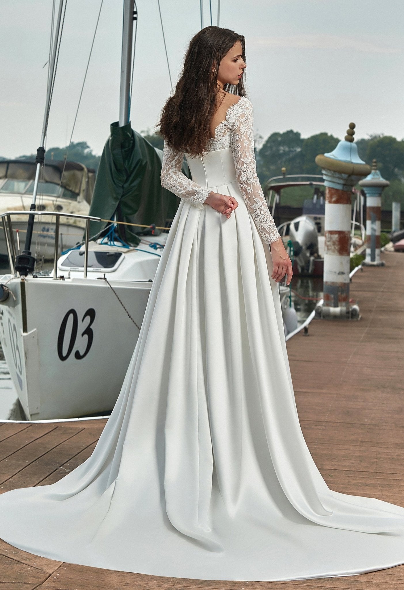 INGRID Lace gown with satin overlay bodice and train - Reflections Bridal Studio