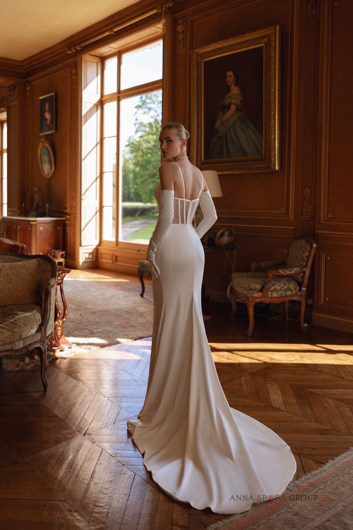 JORGET satin gown with detachable train - Reflections Bridal Studio