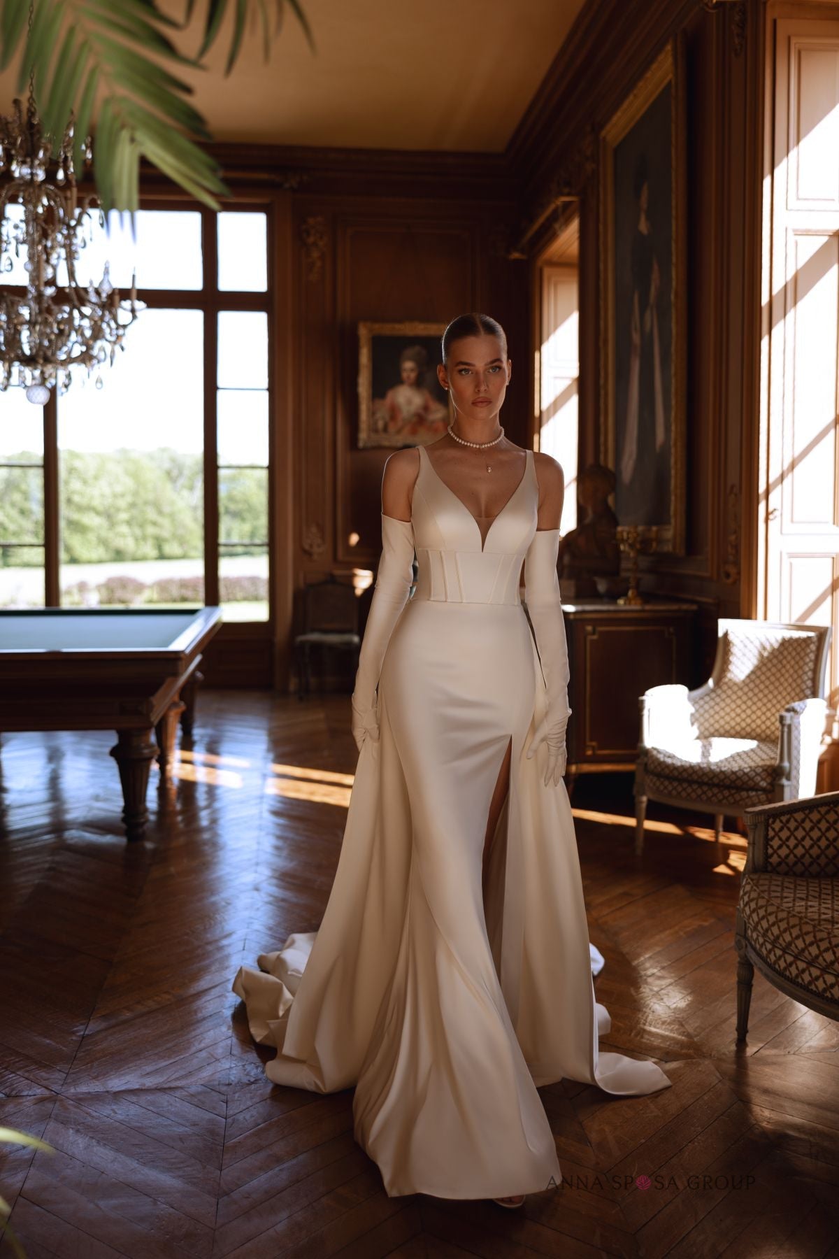 JORGET satin gown with detachable train - Reflections Bridal Studio
