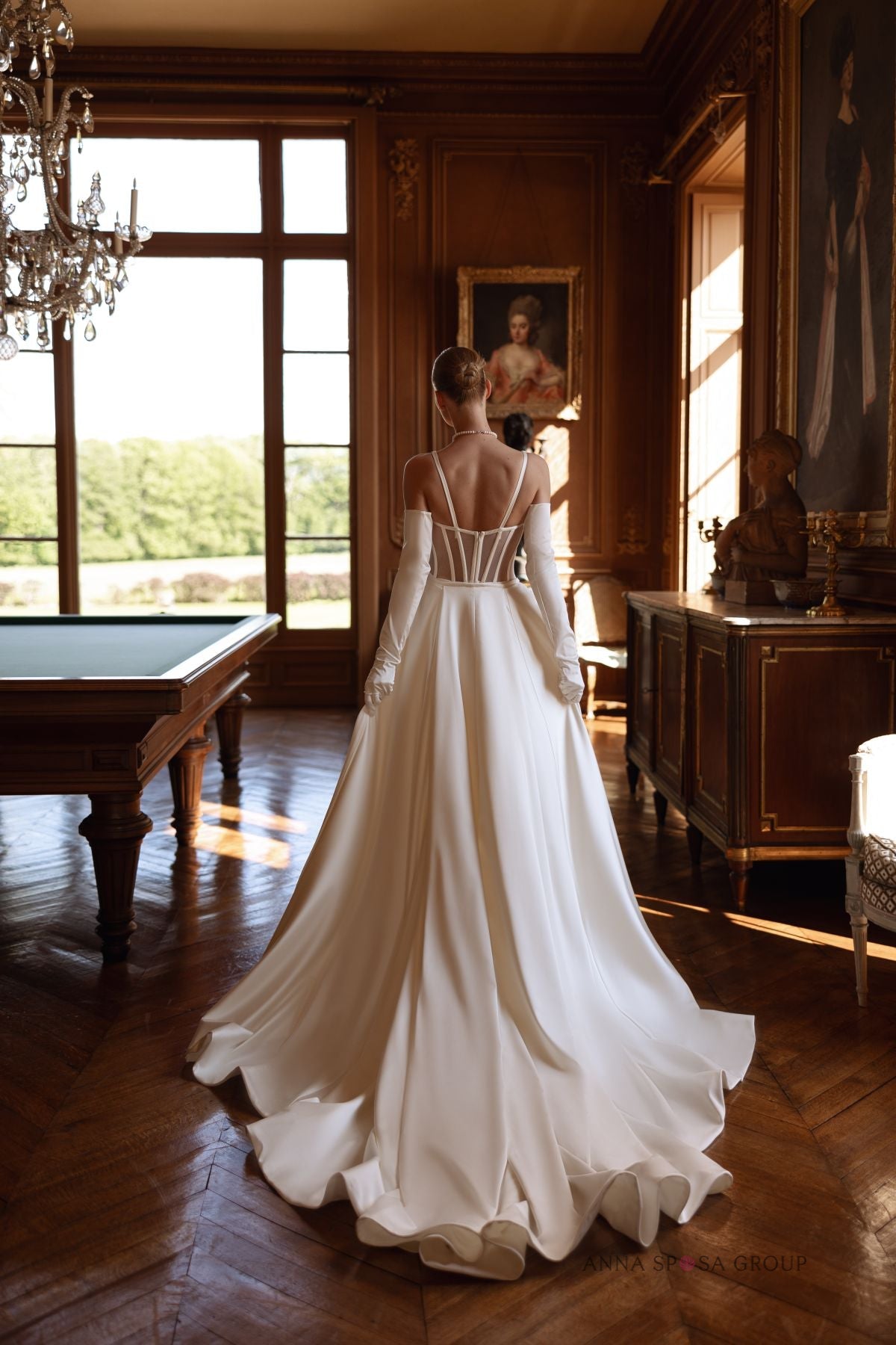 JORGET satin gown with detachable train - Reflections Bridal Studio