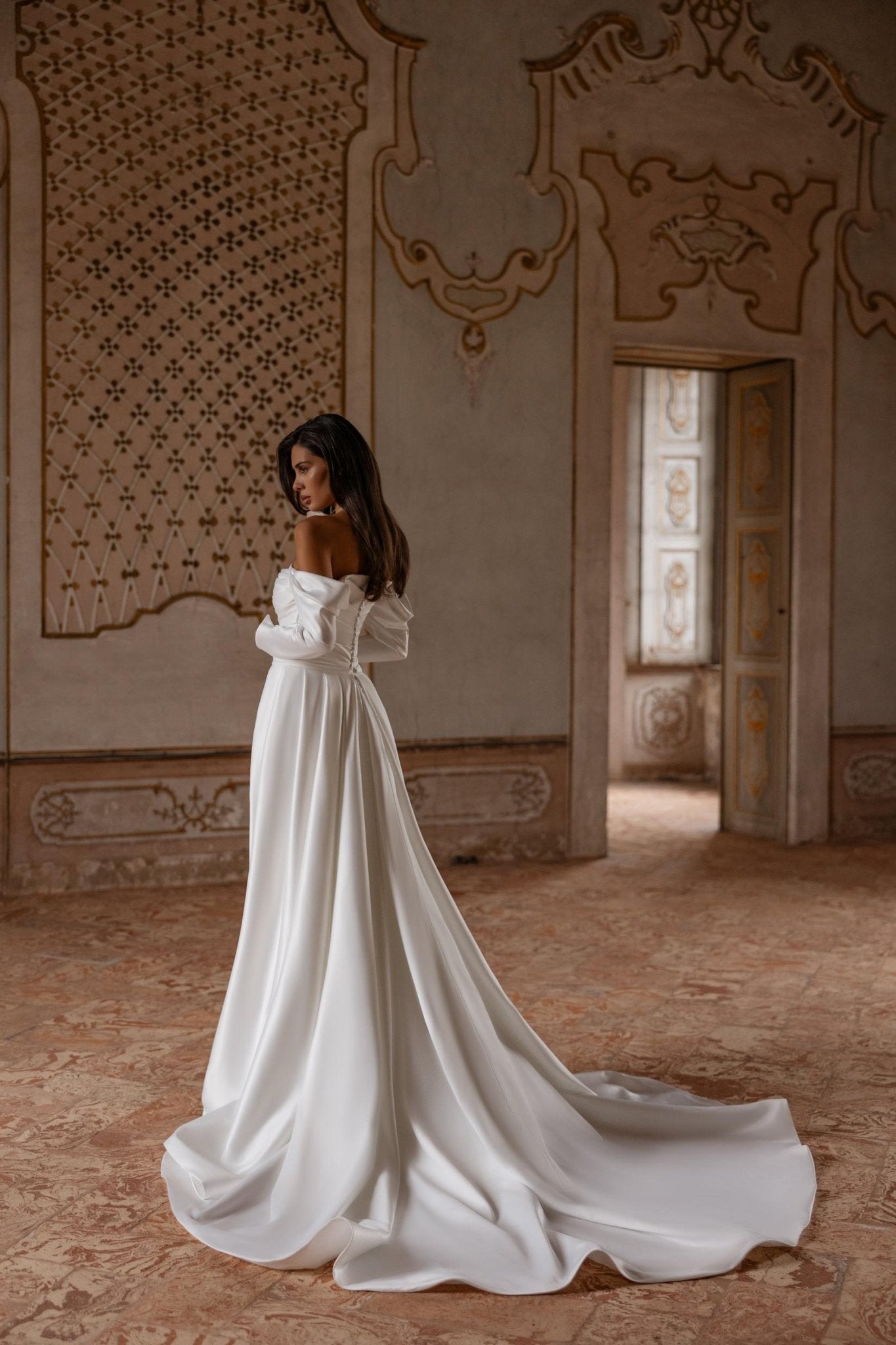 KAMILLA Soft satin long sleeve gown. Bardot neckline - Reflections Bridal Studio