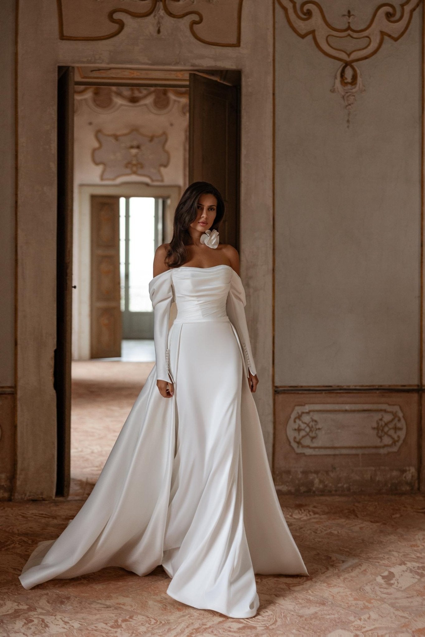 KAMILLA Soft satin long sleeve gown. Bardot neckline - Reflections Bridal Studio