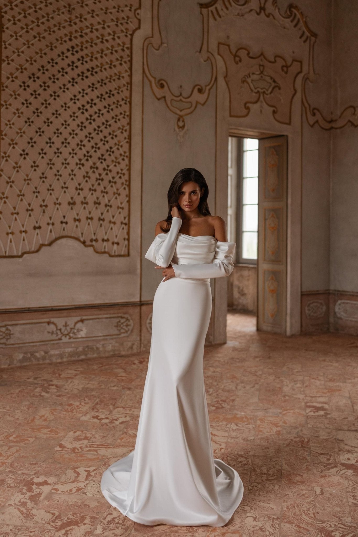 KAMILLA Soft satin long sleeve gown. Bardot neckline - Reflections Bridal Studio